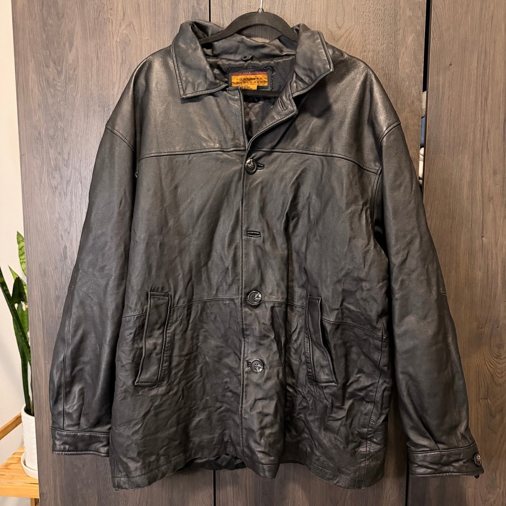 Vintage Northern Explorer XL‎ FLAWED Black Genuine Leather Jacket Button Front